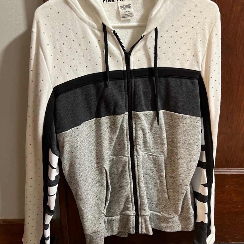 PINK Victoria's Secret White, Black & Gray Colorblock Zip Jacket